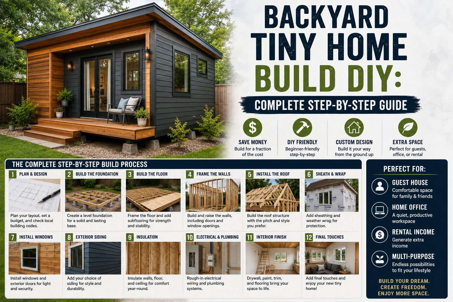 A completed backyard tiny home build DIY project featuring a small wooden structure with a porch nestled among mature trees.