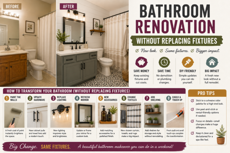A refreshed bathroom renovation without replacing fixtures, featuring repainted walls, updated hardware, and a new vanity mirror above an original sink.
