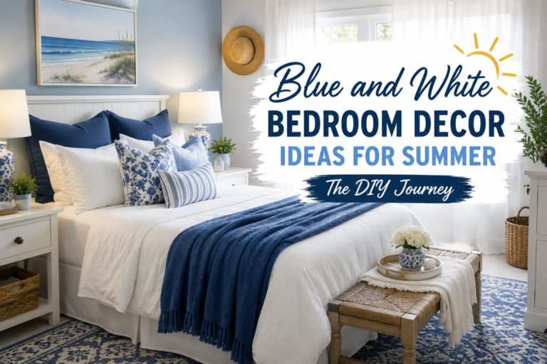 A bright and airy blue and white bedroom decor ideas come to life with coastal-inspired accents, crisp white linens, and soft blue throw pillows arranged on a sunlit bed.
