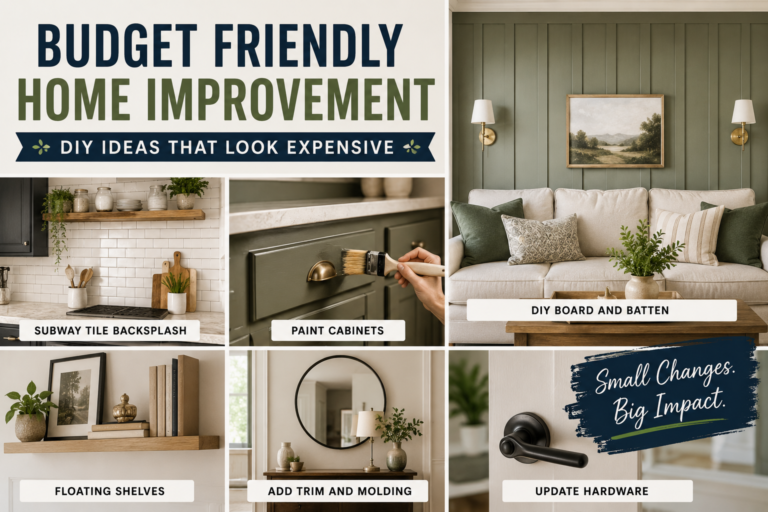 A beautifully refreshed living room showcasing budget friendly home improvement DIY ideas including painted accent walls and updated hardware.