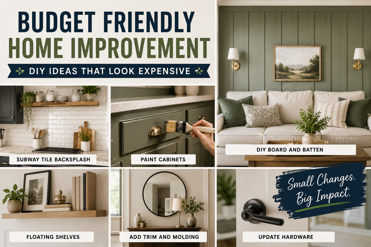 A beautifully refreshed living room showcasing budget friendly home improvement DIY ideas including painted accent walls and updated hardware.
