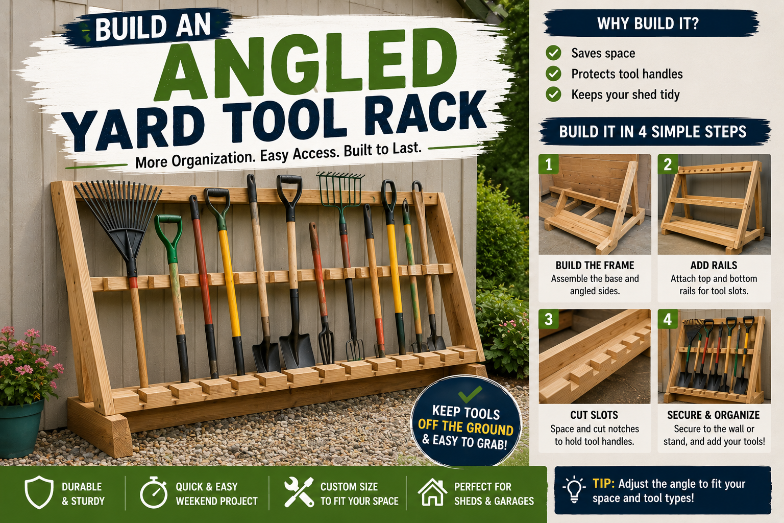 DIY angled wooden yard tool rack holding shovels, rakes, and garden tools in an organized shed storage system.