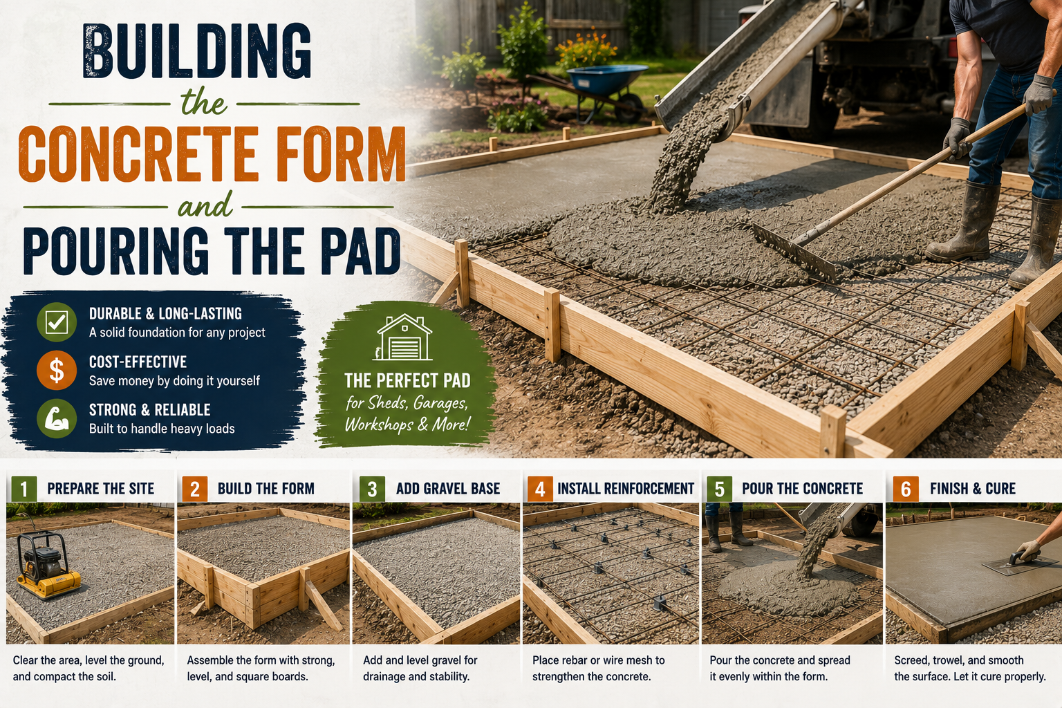 DIY homeowner building a concrete form and pouring a reinforced concrete pad for a shed or backyard studio foundation.