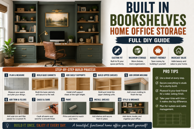Floor-to-ceiling built in bookshelves home office storage with organized books, decorative accessories, and a built-in desk workspace.