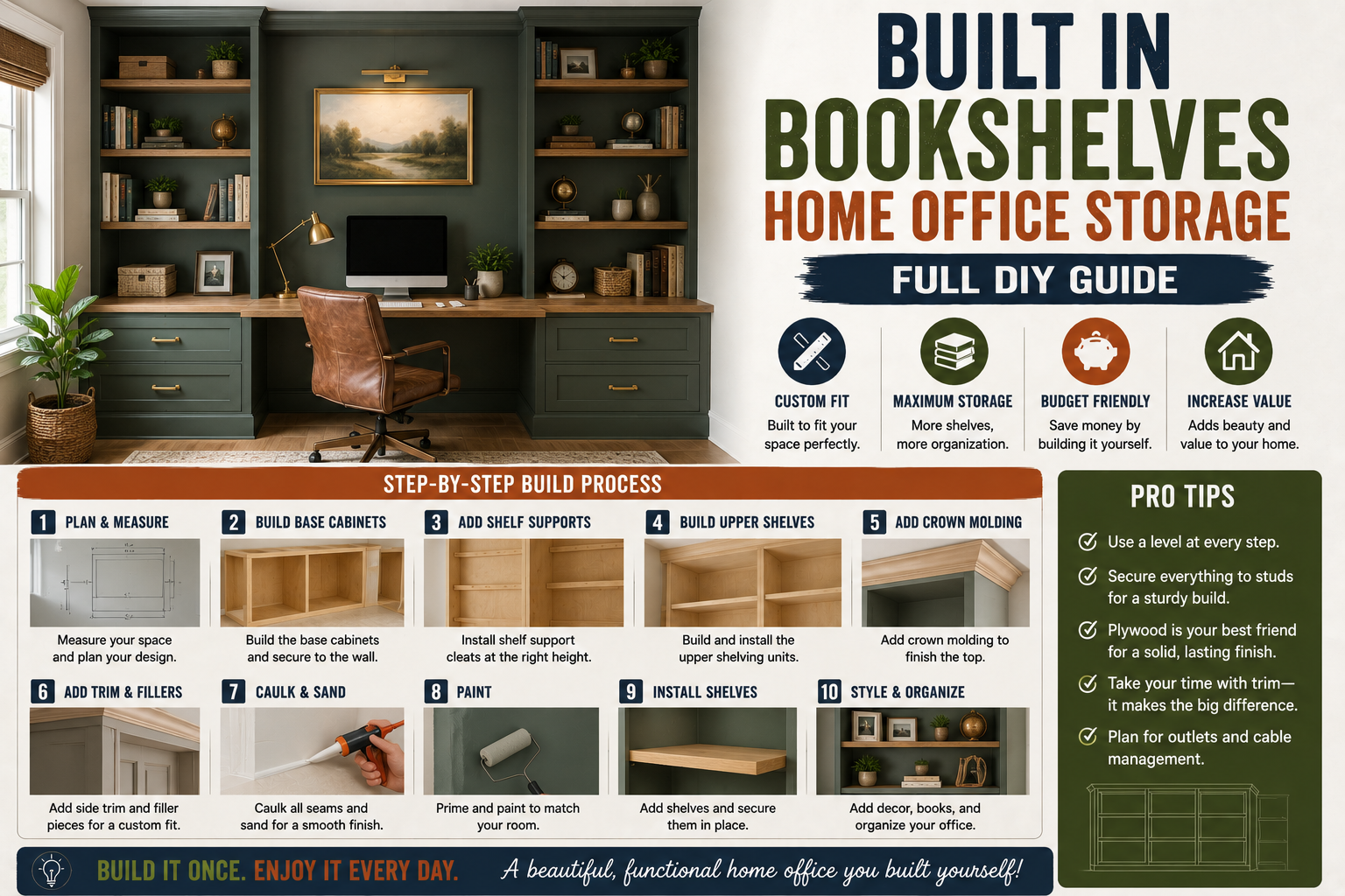 Floor-to-ceiling built in bookshelves home office storage with organized books, decorative accessories, and a built-in desk workspace.