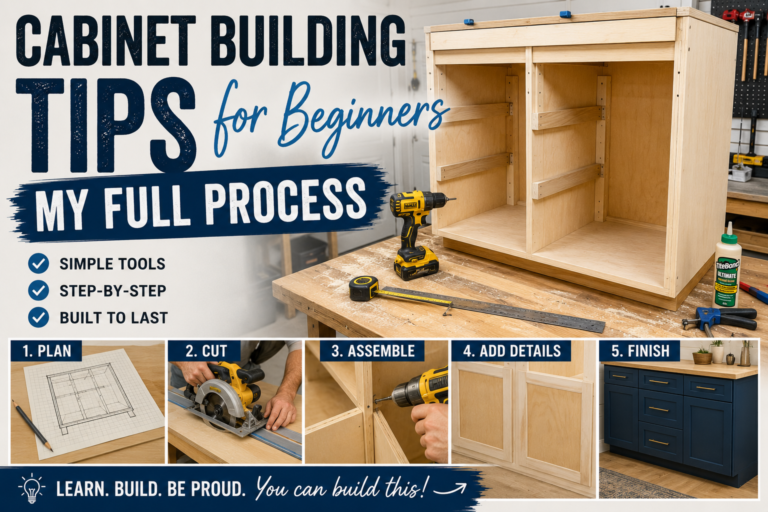 A beginner woodworker carefully assembles a wooden cabinet frame in a well-lit home workshop, following essential cabinet building tips for beginners.