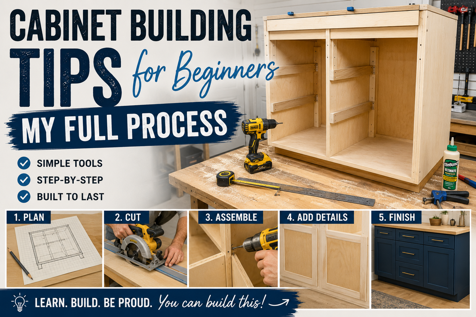 A beginner woodworker carefully assembles a wooden cabinet frame in a well-lit home workshop, following essential cabinet building tips for beginners.
