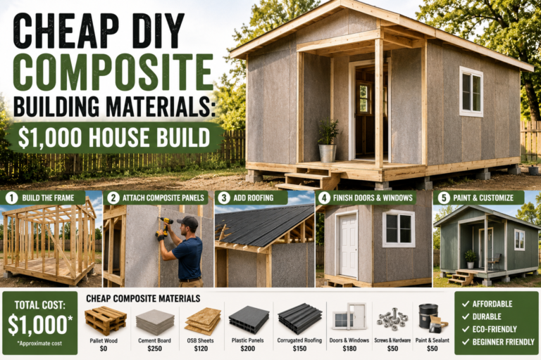 A person constructing a small home using cheap DIY composite building materials, including recycled wood fiber panels and mixed aggregate boards.