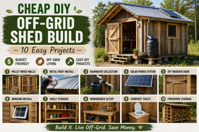 A cheap DIY off-grid shed build surrounded by trees with solar panels on the roof and a rain barrel beside it.