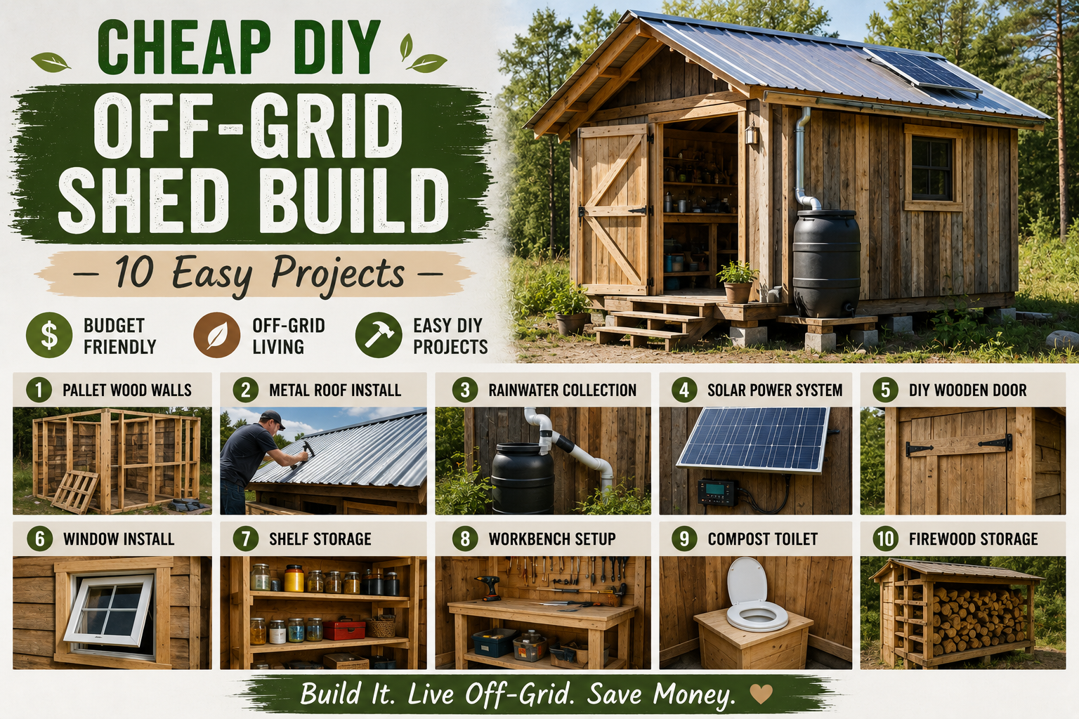 A cheap DIY off-grid shed build surrounded by trees with solar panels on the roof and a rain barrel beside it.