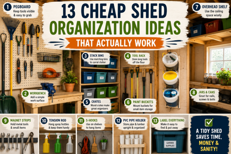 A neatly organized shed interior featuring cheap shed organization ideas like pegboards, labeled bins, and DIY wooden shelves along the walls.