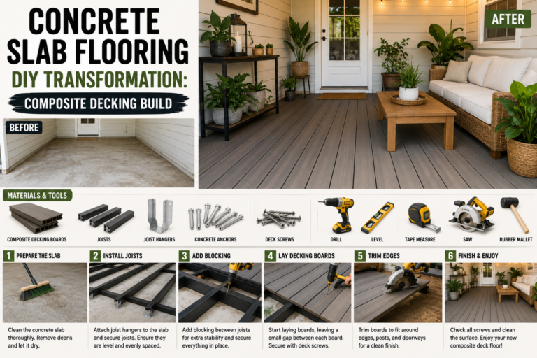 A concrete slab flooring DIY transformation showing freshly installed composite decking boards laid over an outdoor patio slab.