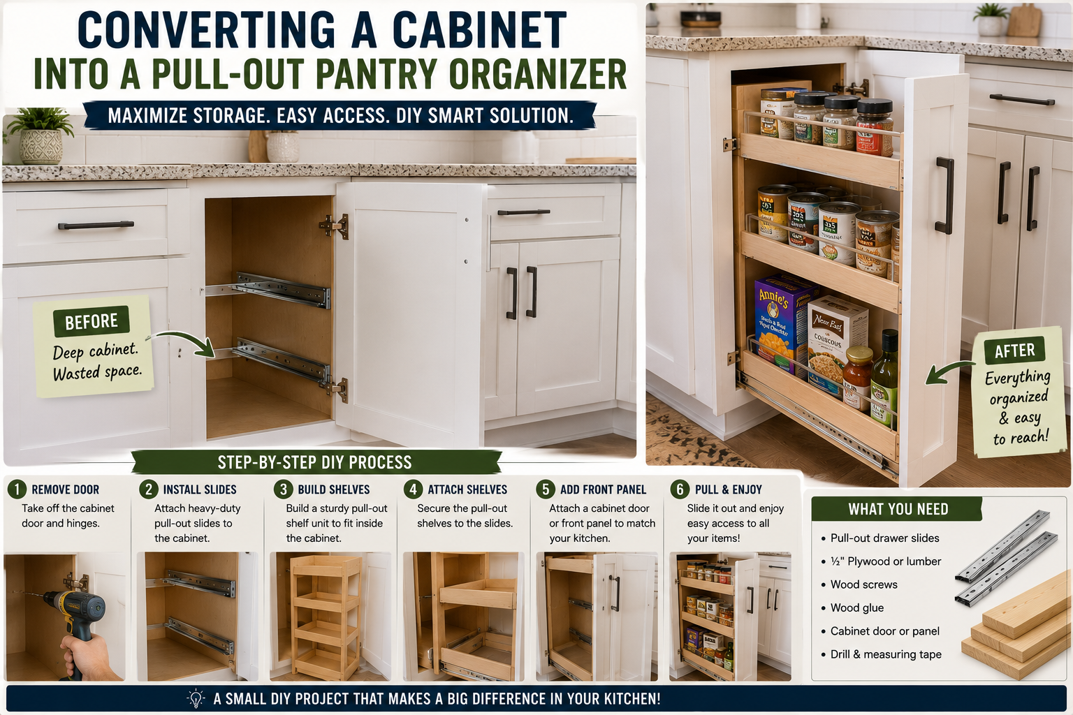 DIY pull-out pantry organizer installed inside a kitchen cabinet to maximize storage and improve accessibility.