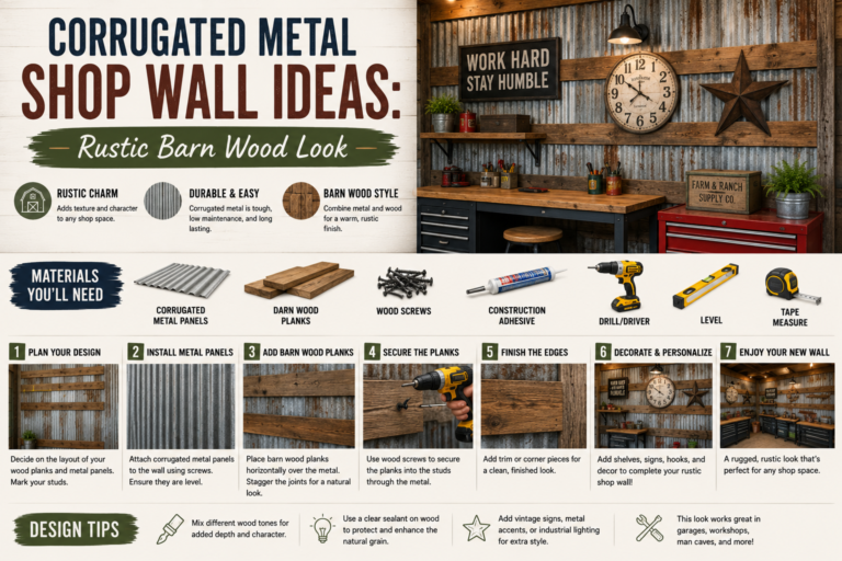 A rustic workshop interior featuring corrugated metal shop wall ideas combined with reclaimed barn wood accents and warm Edison bulb lighting.