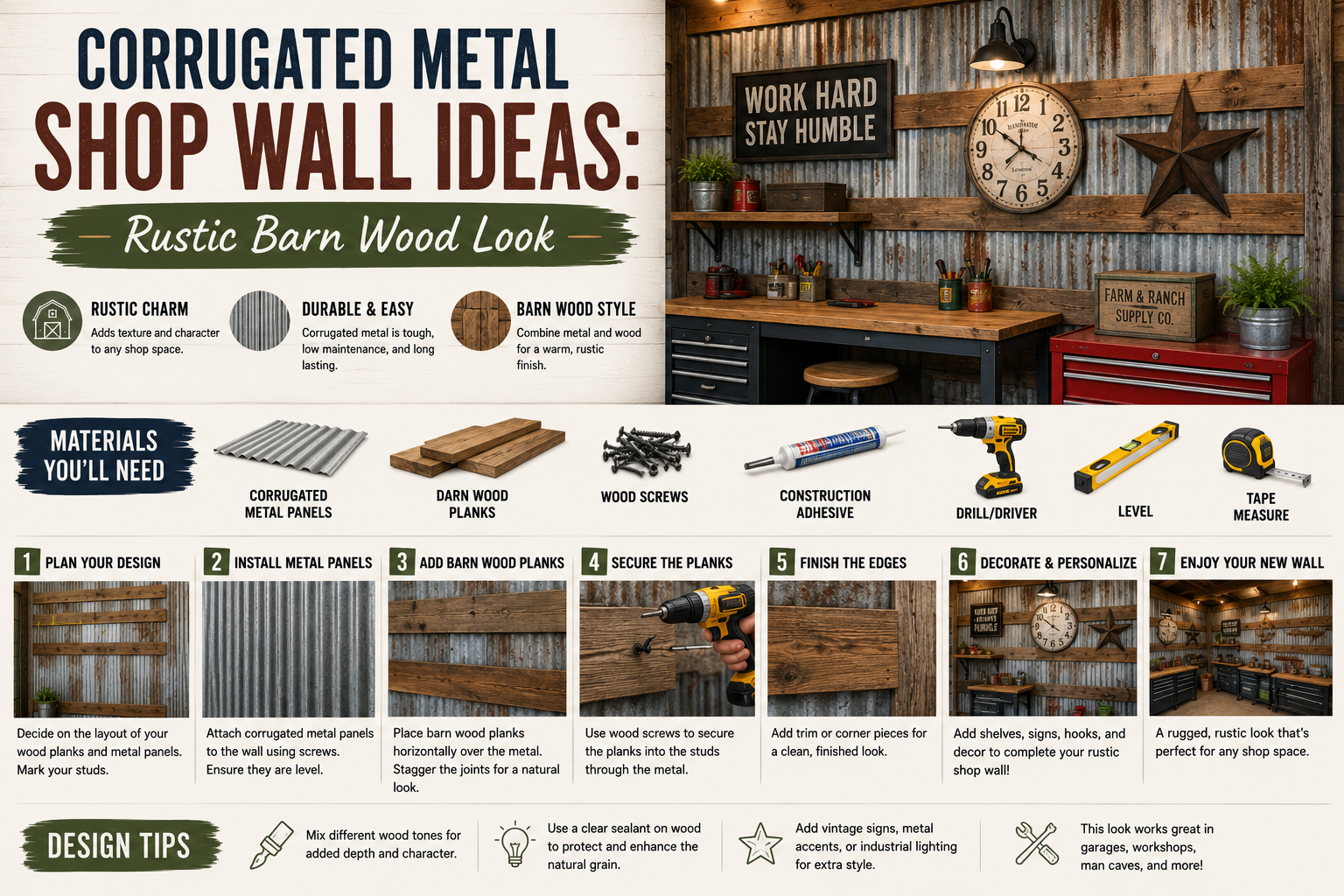A rustic workshop interior featuring corrugated metal shop wall ideas combined with reclaimed barn wood accents and warm Edison bulb lighting.