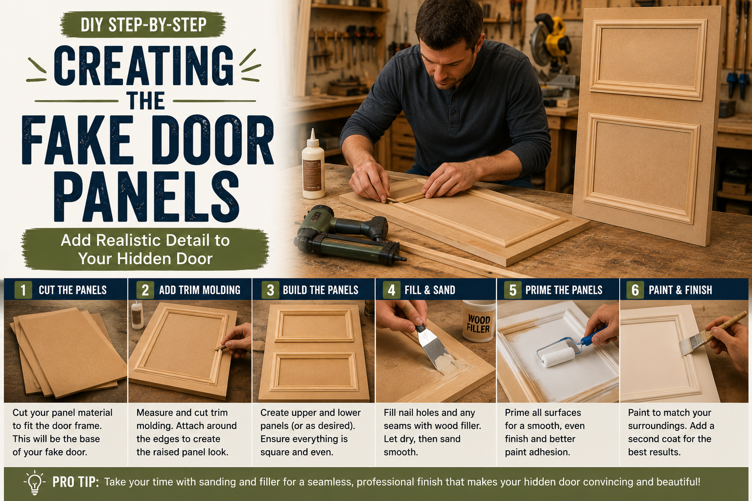 DIY builder attaching trim molding to create fake door panels for a hidden bookcase door and secret room entrance.