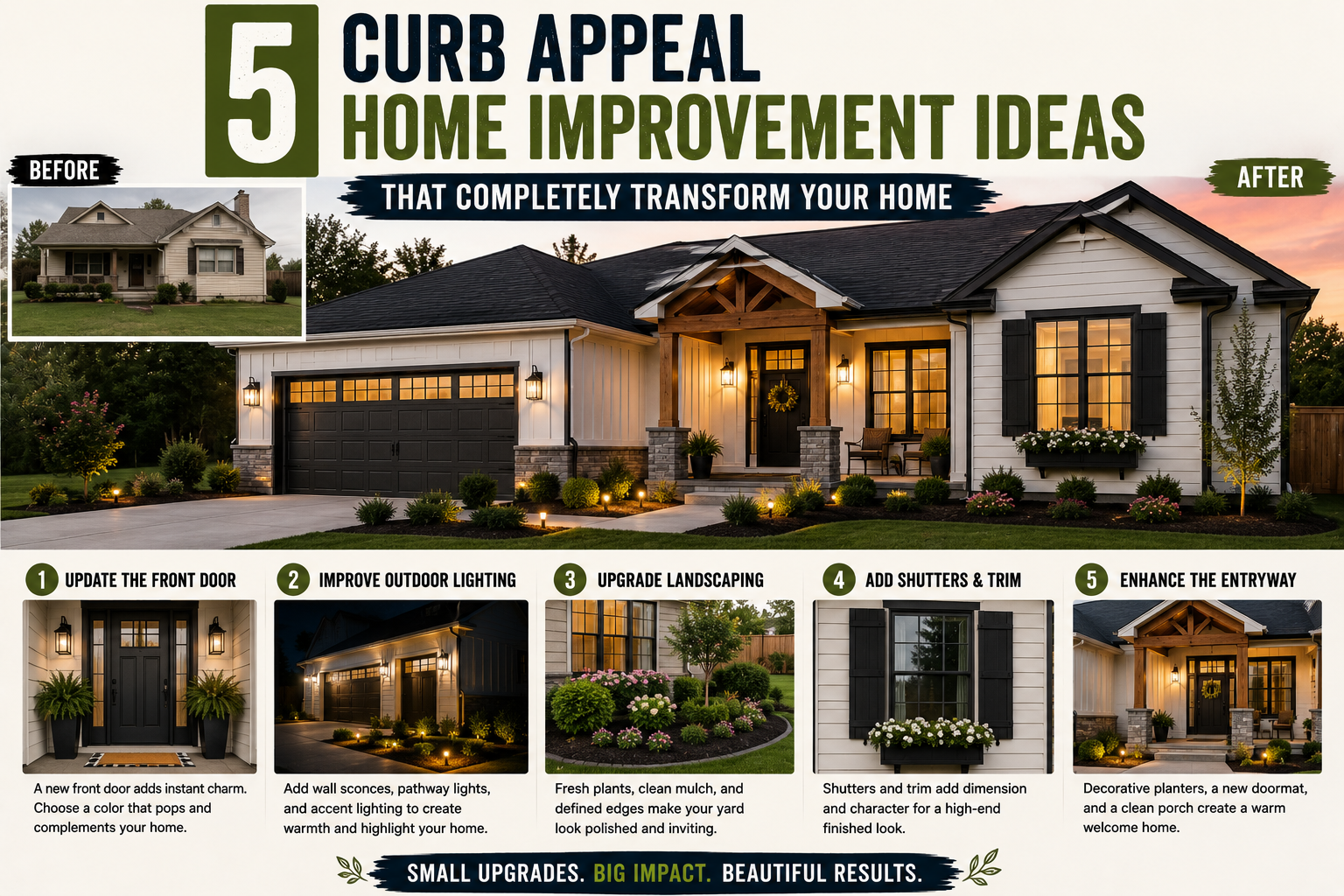 A beautifully renovated home exterior showcasing curb appeal home improvement ideas including fresh landscaping, a painted front door, and a welcoming pathway.
