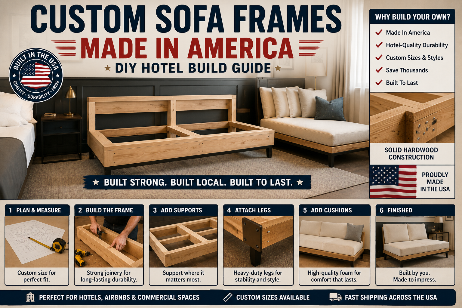 A craftsman assembling custom sofa frames made in America inside a well-lit workshop, showcasing solid hardwood joinery and traditional upholstery construction techniques.