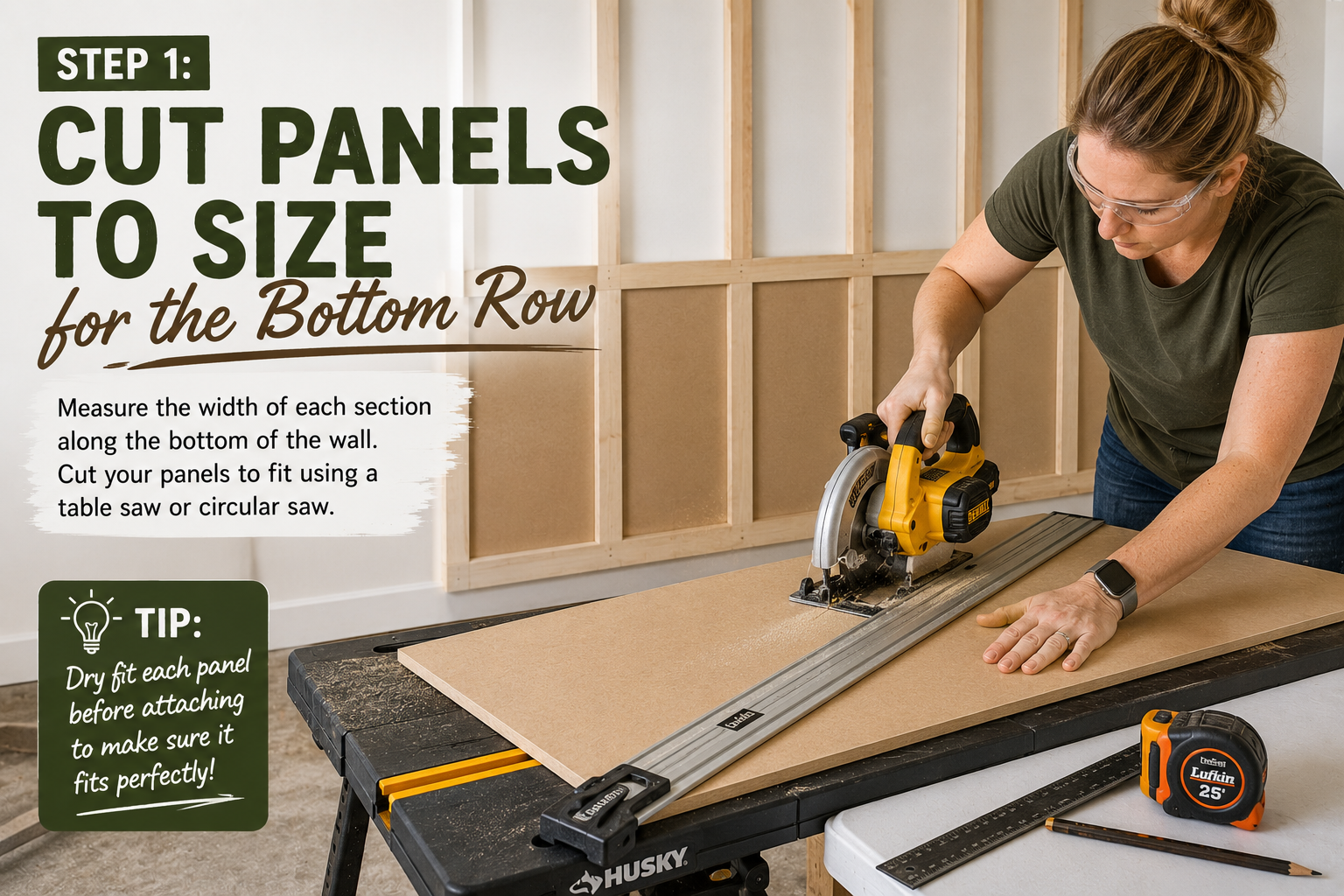 Cutting MDF wall panels to size with a circular saw for the bottom row of a DIY panel wall installation.