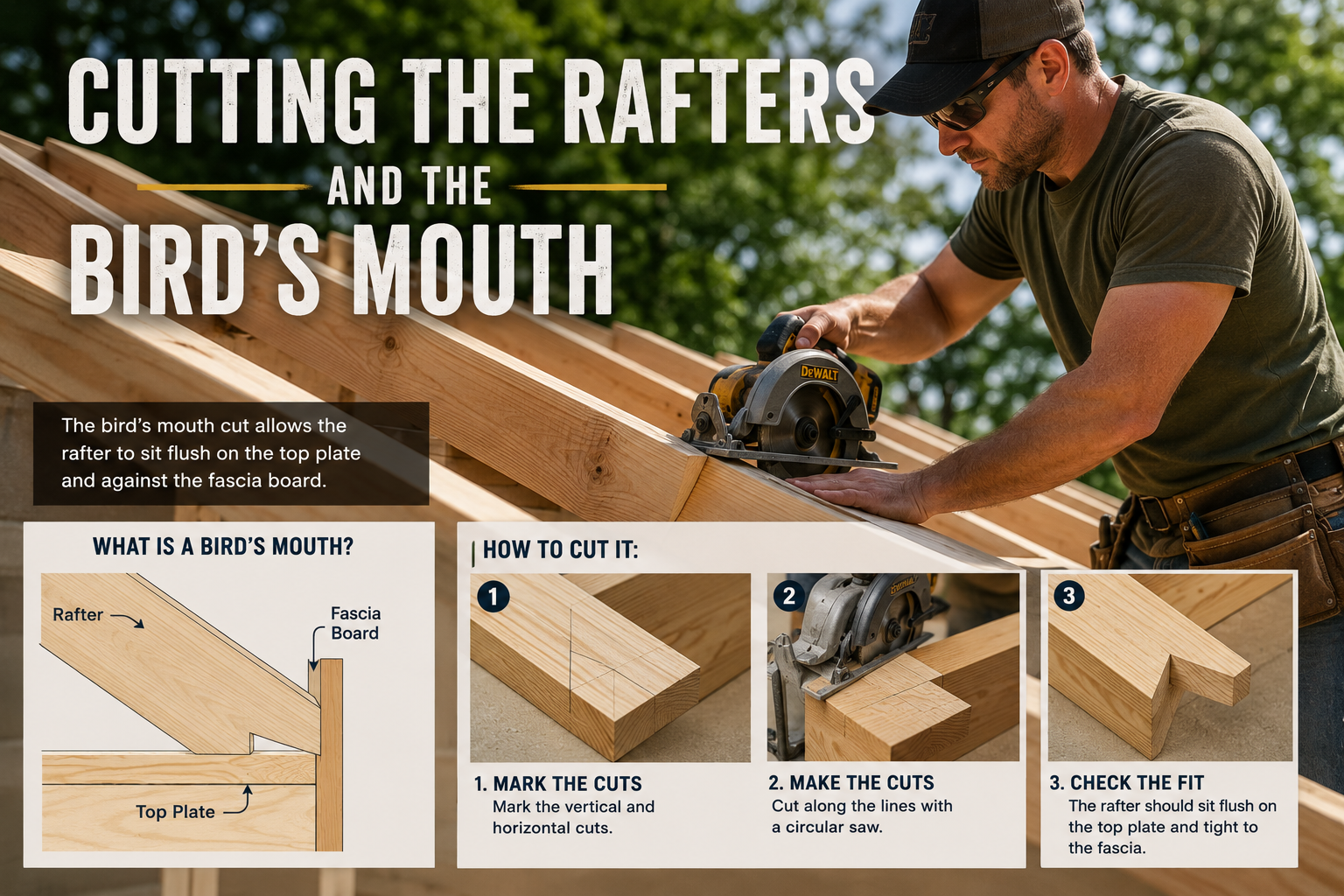 DIY builder cutting roof rafters and creating a bird's mouth notch during shed roof framing construction.