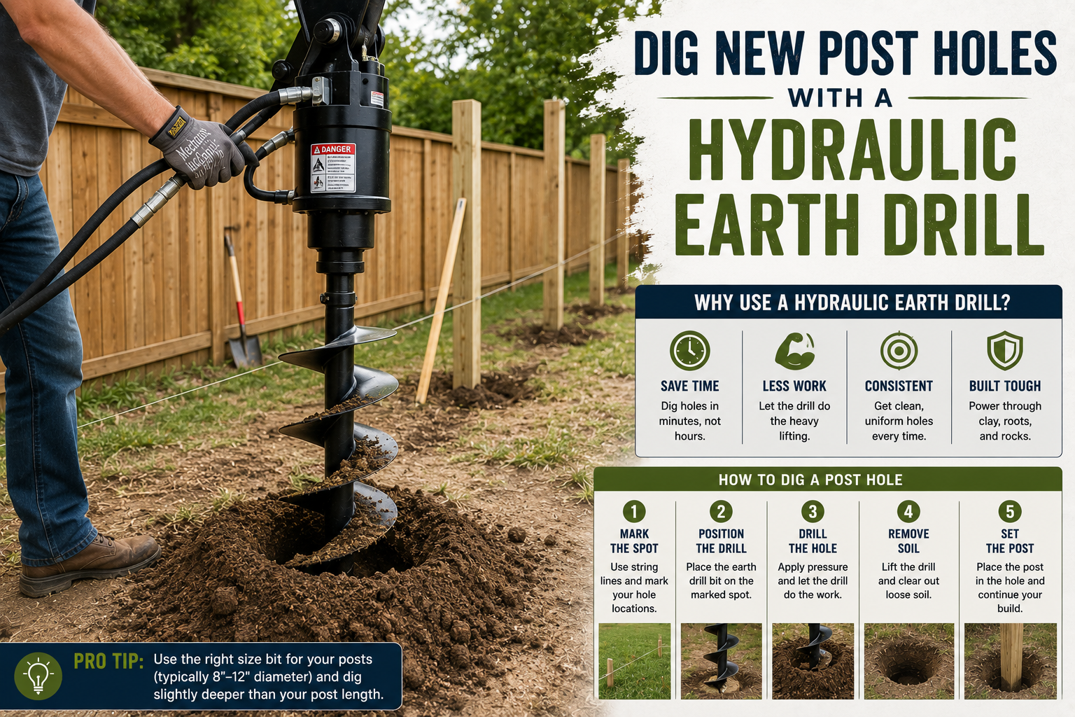 Contractor using a hydraulic earth drill to dig fence post holes quickly and accurately during a DIY fence installation project.