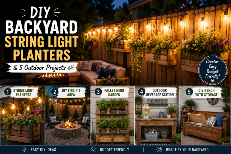 A cozy backyard patio featuring DIY backyard string light planters with warm Edison bulbs strung between rustic wooden posts surrounded by lush greenery.