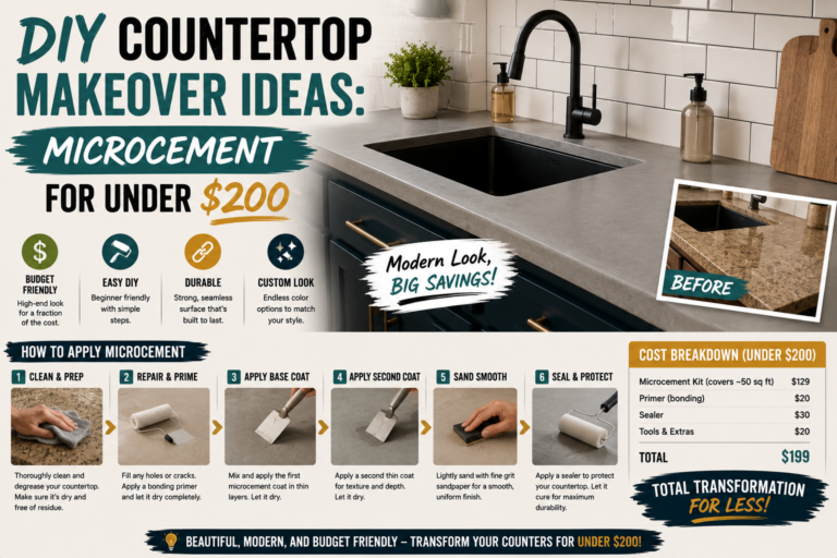 A freshly transformed kitchen counter showcasing a smooth microcement finish, perfect inspiration for budget-friendly DIY countertop makeover ideas.
