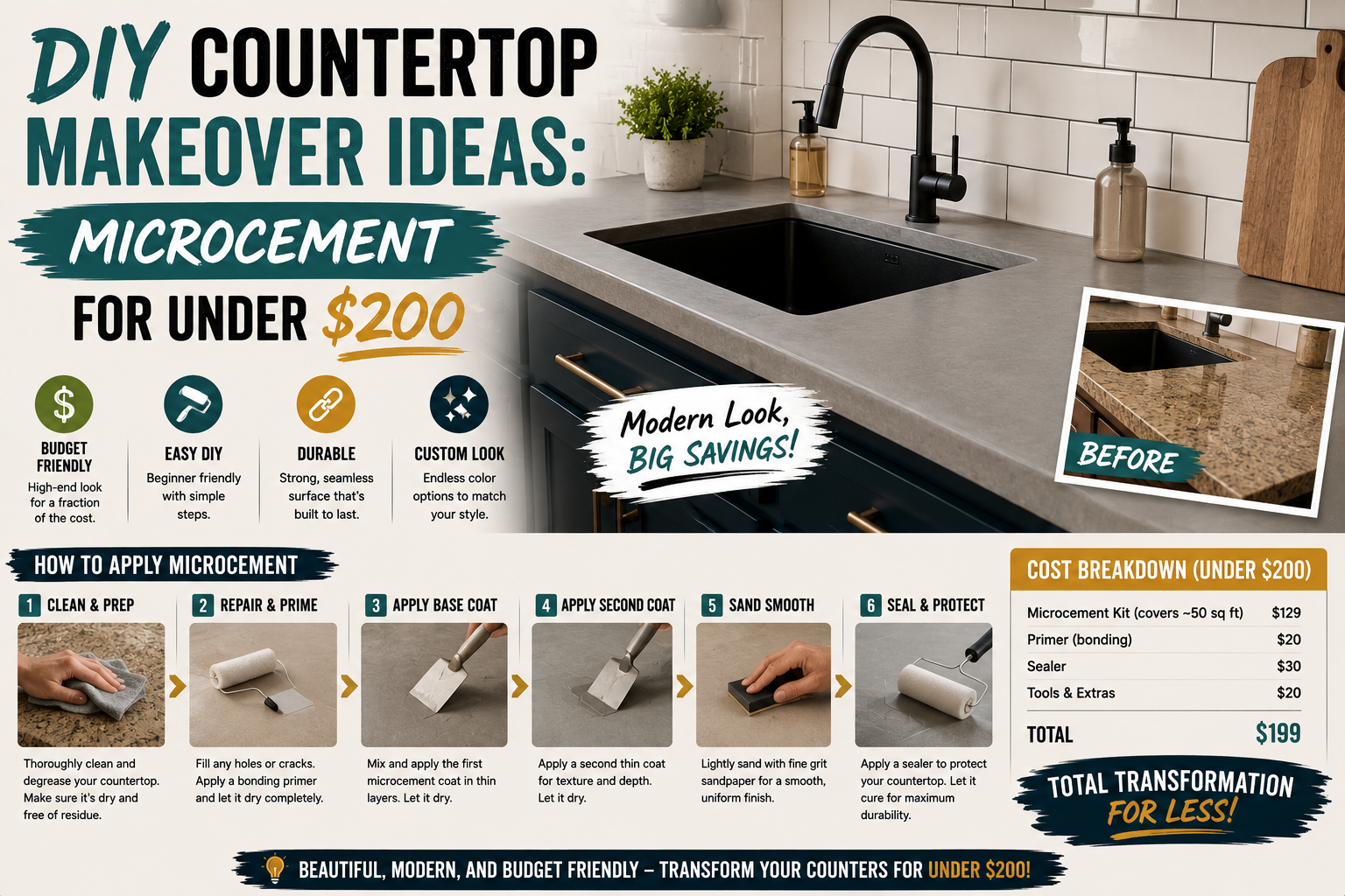 A freshly transformed kitchen counter showcasing a smooth microcement finish, perfect inspiration for budget-friendly DIY countertop makeover ideas.