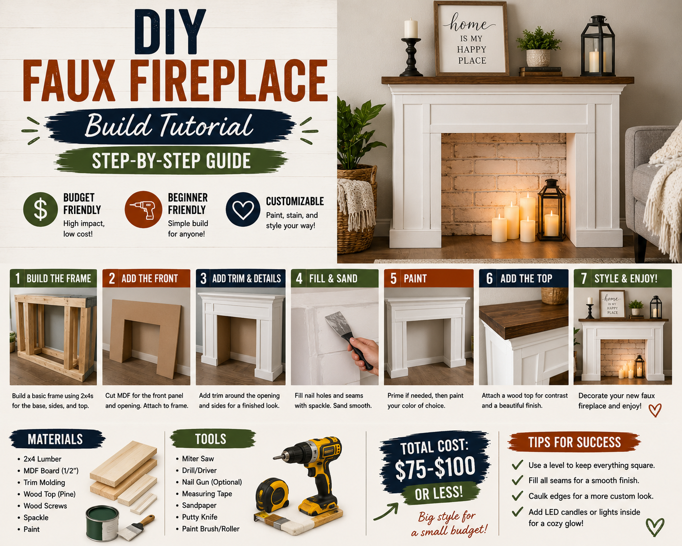 A beautifully finished DIY faux fireplace build tutorial project displayed in a cozy living room with decorative candles and a wooden mantel.