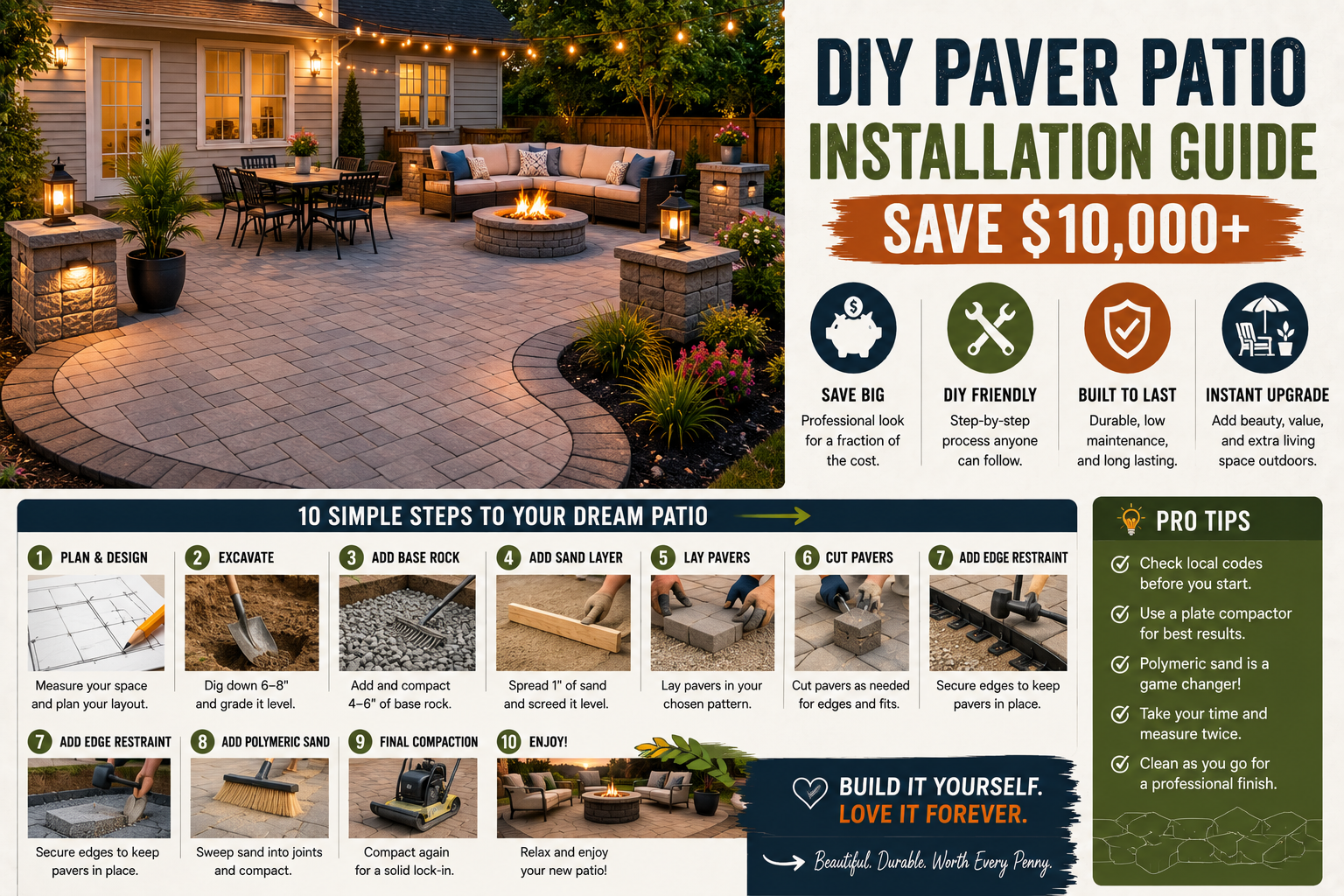 A homeowner completing a DIY paver patio installation, carefully laying stone pavers in a herringbone pattern in a sunny backyard.