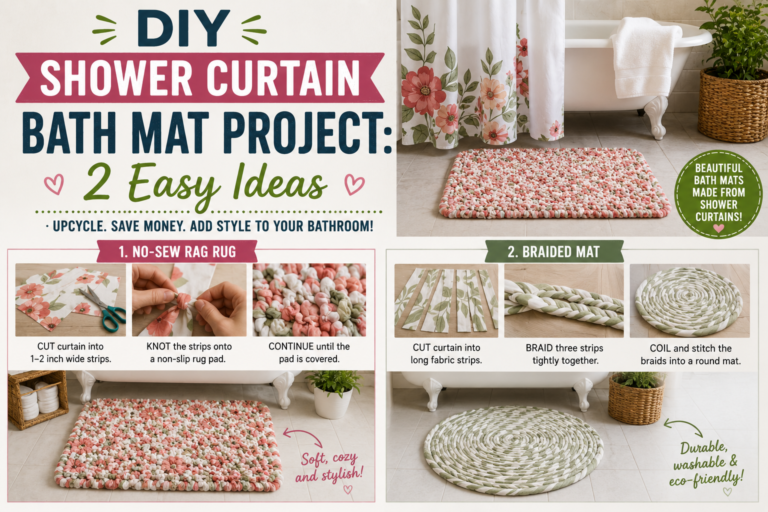 A finished DIY shower curtain bath mat project displayed on a bathroom floor next to a white clawfoot tub.