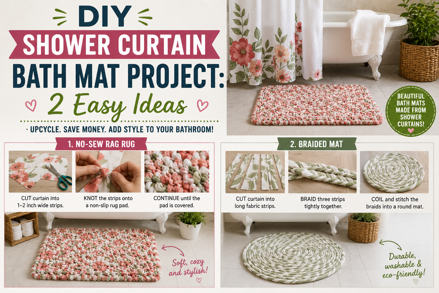A finished DIY shower curtain bath mat project displayed on a bathroom floor next to a white clawfoot tub.
