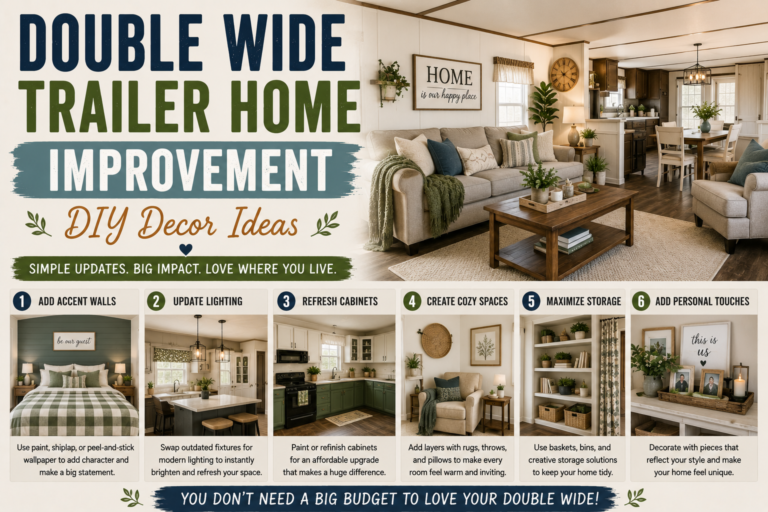 A beautifully decorated double wide trailer home improvement project featuring modern furnishings, warm lighting, and stylish DIY accents throughout the open living space.