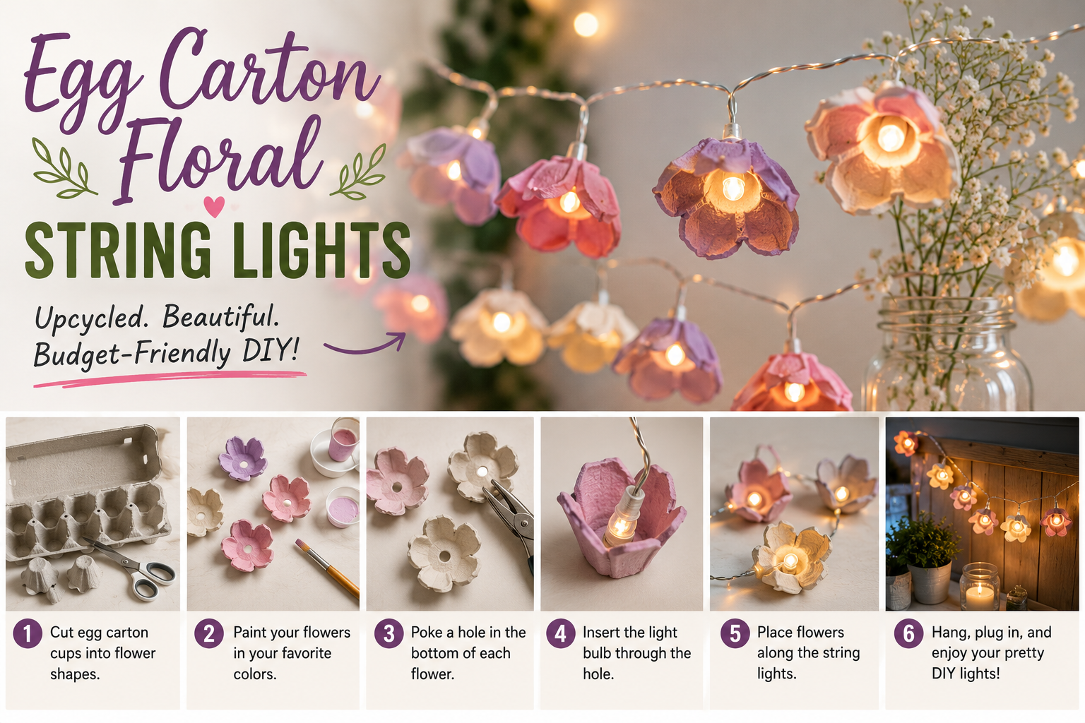 DIY floral string lights made from recycled egg cartons, painted flower petals, and warm LED lights for home decor.