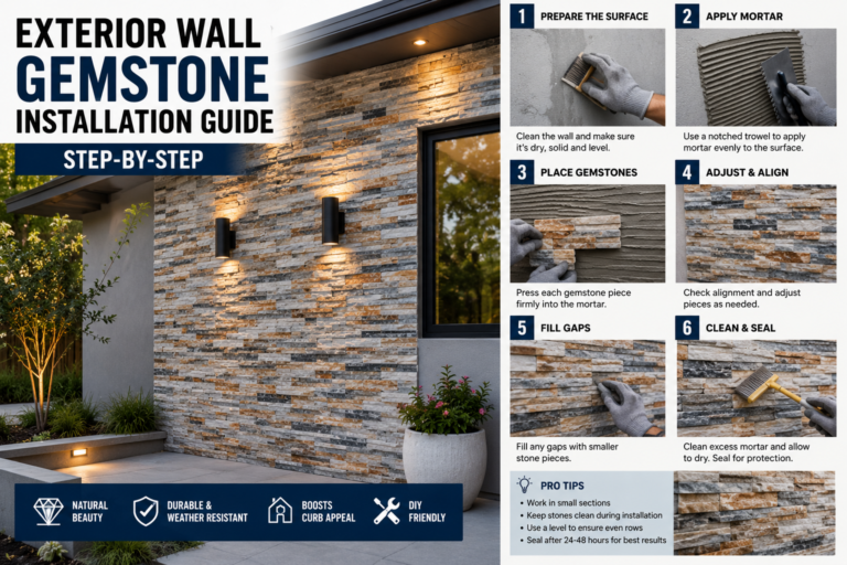 A professional contractor following an exterior wall gemstone installation guide to apply sparkling stone veneer panels to a modern home facade.
