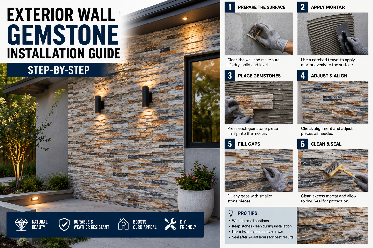 A professional contractor following an exterior wall gemstone installation guide to apply sparkling stone veneer panels to a modern home facade.