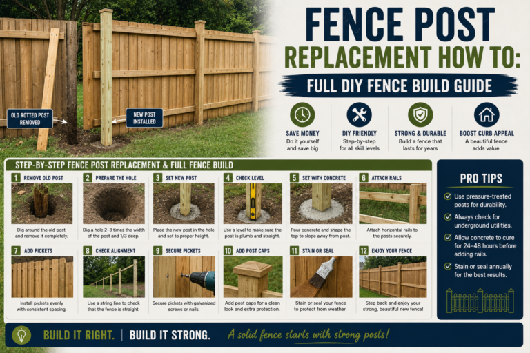 A homeowner demonstrating fence post replacement how to techniques by setting a new wooden post in concrete alongside an existing backyard fence.
