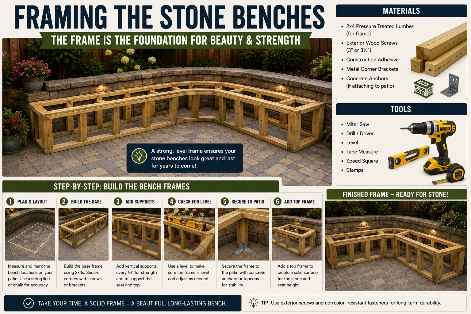 DIY builder constructing wooden support frames for curved stone benches around a backyard patio fire pit seating area.