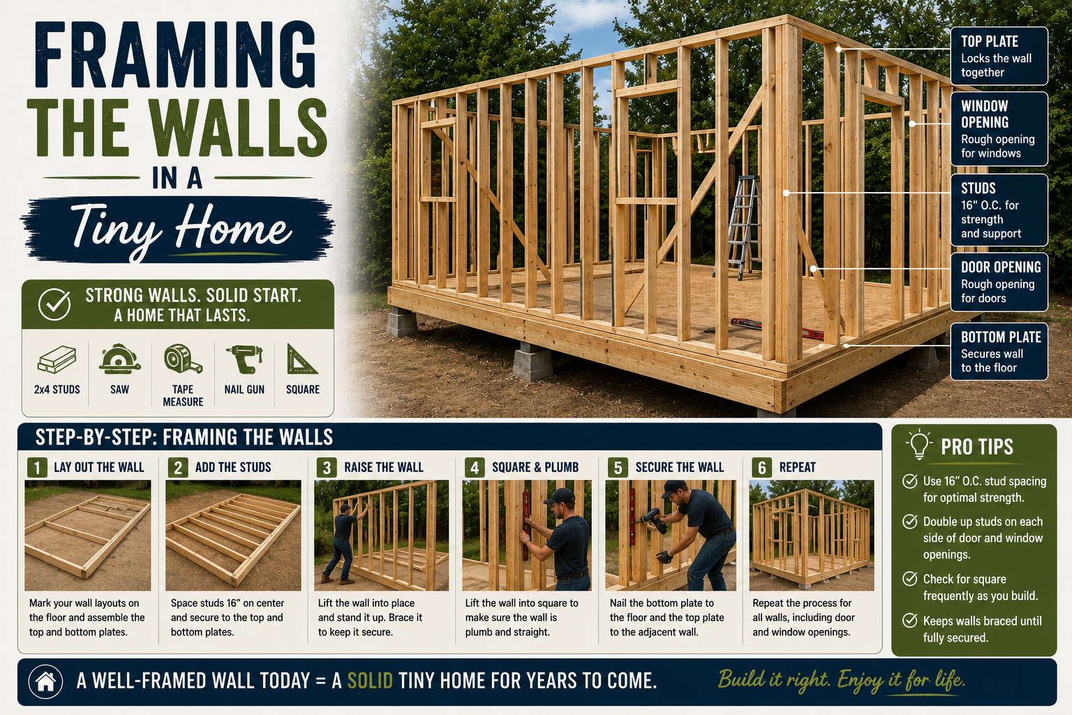 DIY builder framing exterior walls for a backyard tiny home using wood studs and standard wall framing techniques.