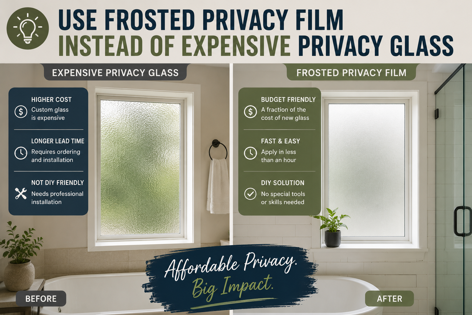 Bathroom window with frosted privacy film showing an affordable DIY alternative to expensive privacy glass.
