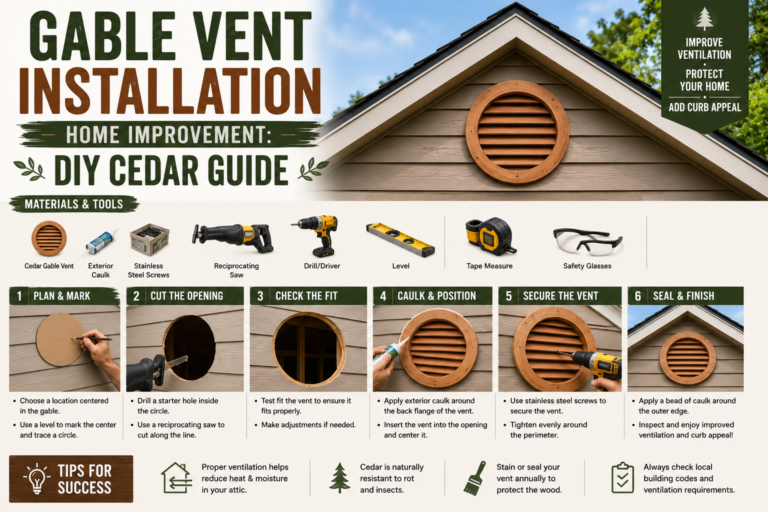 A finished cedar gable vent installation on a home improvement project, showing a decorative louvered vent fitted into the triangular peak of a wood-sided exterior wall.
