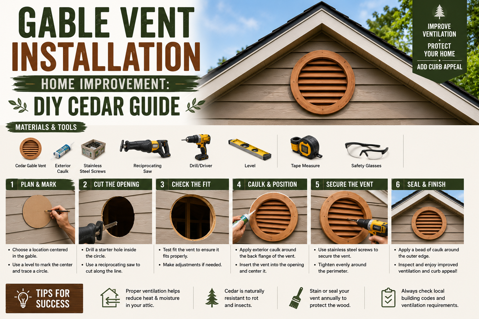A finished cedar gable vent installation on a home improvement project, showing a decorative louvered vent fitted into the triangular peak of a wood-sided exterior wall.