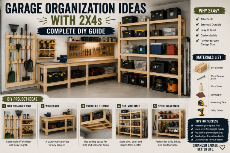 A well-organized garage featuring custom shelving and wall storage built from 2x4s, demonstrating practical garage organization ideas with 2x4s for tools and equipment.