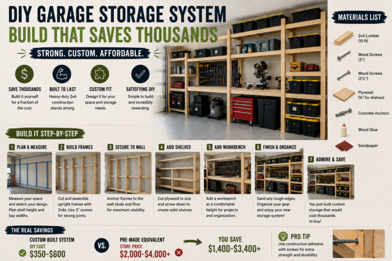 A finished garage storage system DIY build featuring floor-to-ceiling wooden shelves organized with labeled bins, tools, and sports equipment.