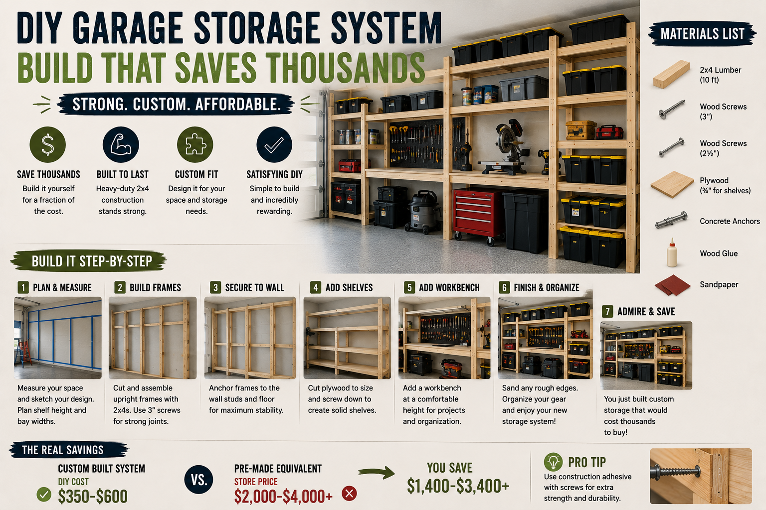 A finished garage storage system DIY build featuring floor-to-ceiling wooden shelves organized with labeled bins, tools, and sports equipment.