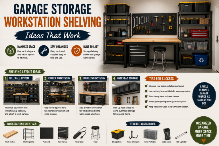 A well-organized garage featuring built-in storage workstation shelving ideas including wall-mounted cabinets, open shelves, and a sturdy workbench with tools neatly arranged.