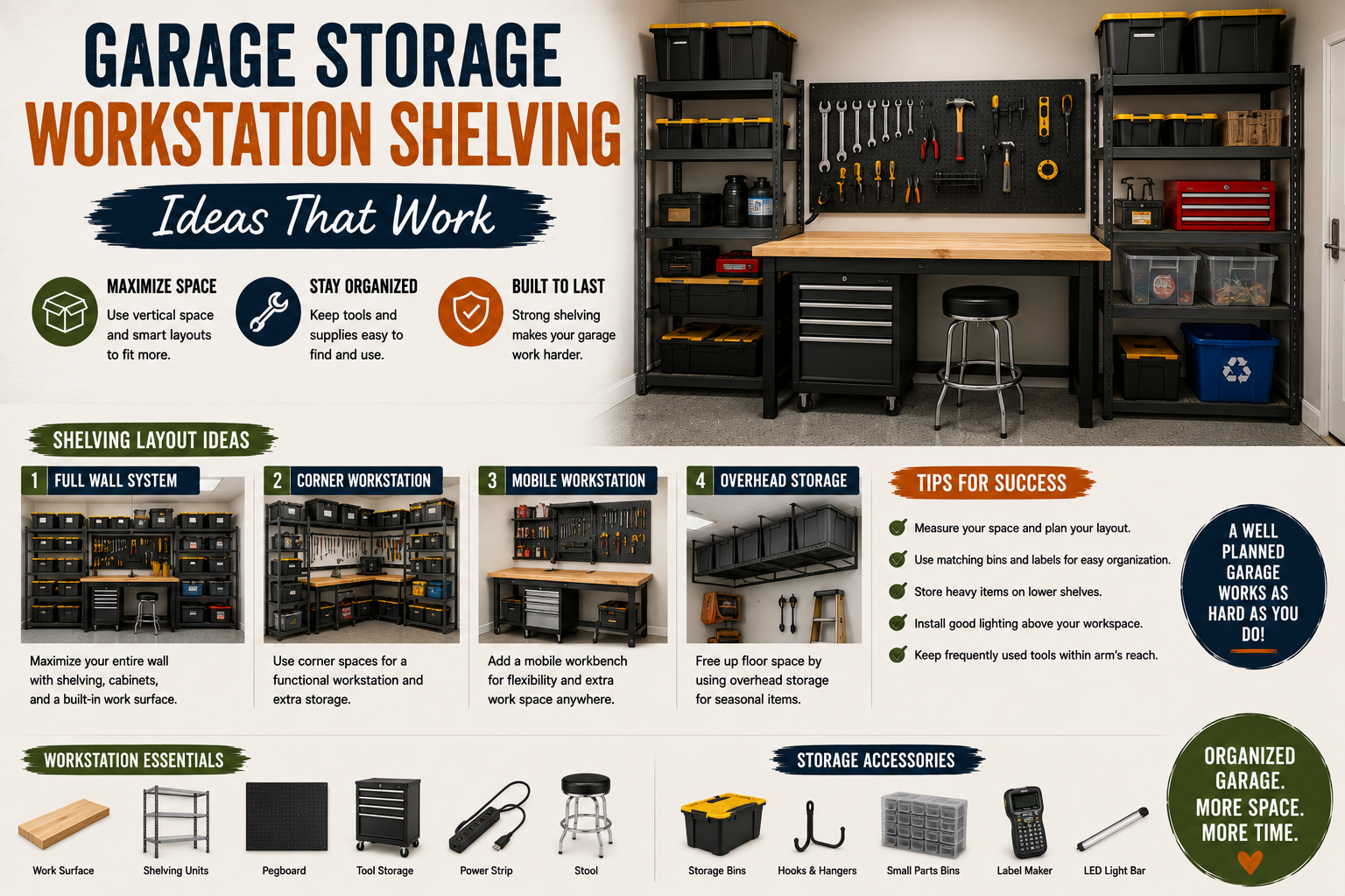 A well-organized garage featuring built-in storage workstation shelving ideas including wall-mounted cabinets, open shelves, and a sturdy workbench with tools neatly arranged.