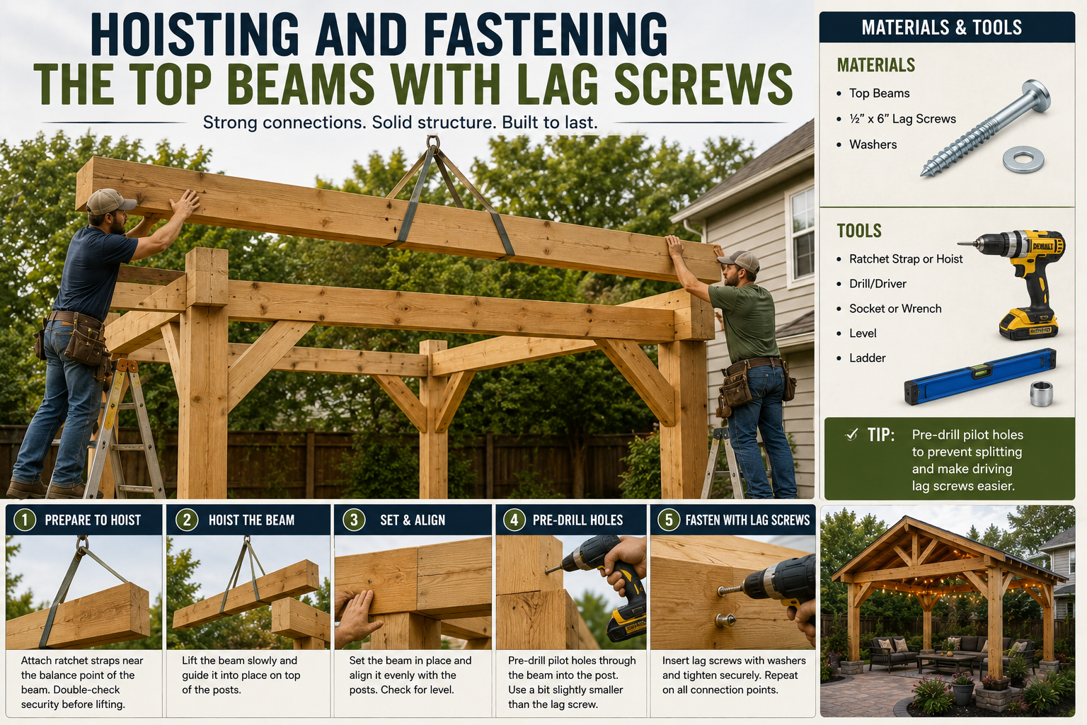DIY builder lifting and securing heavy timber frame top beams with lag screws during a backyard gazebo construction project.