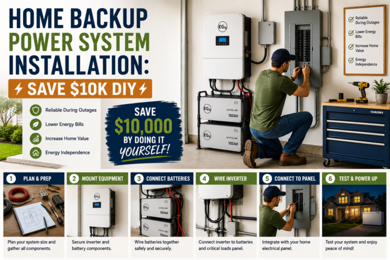 A homeowner completing a home backup power system installation with a whole-house generator connected to an electrical transfer switch in a residential garage.