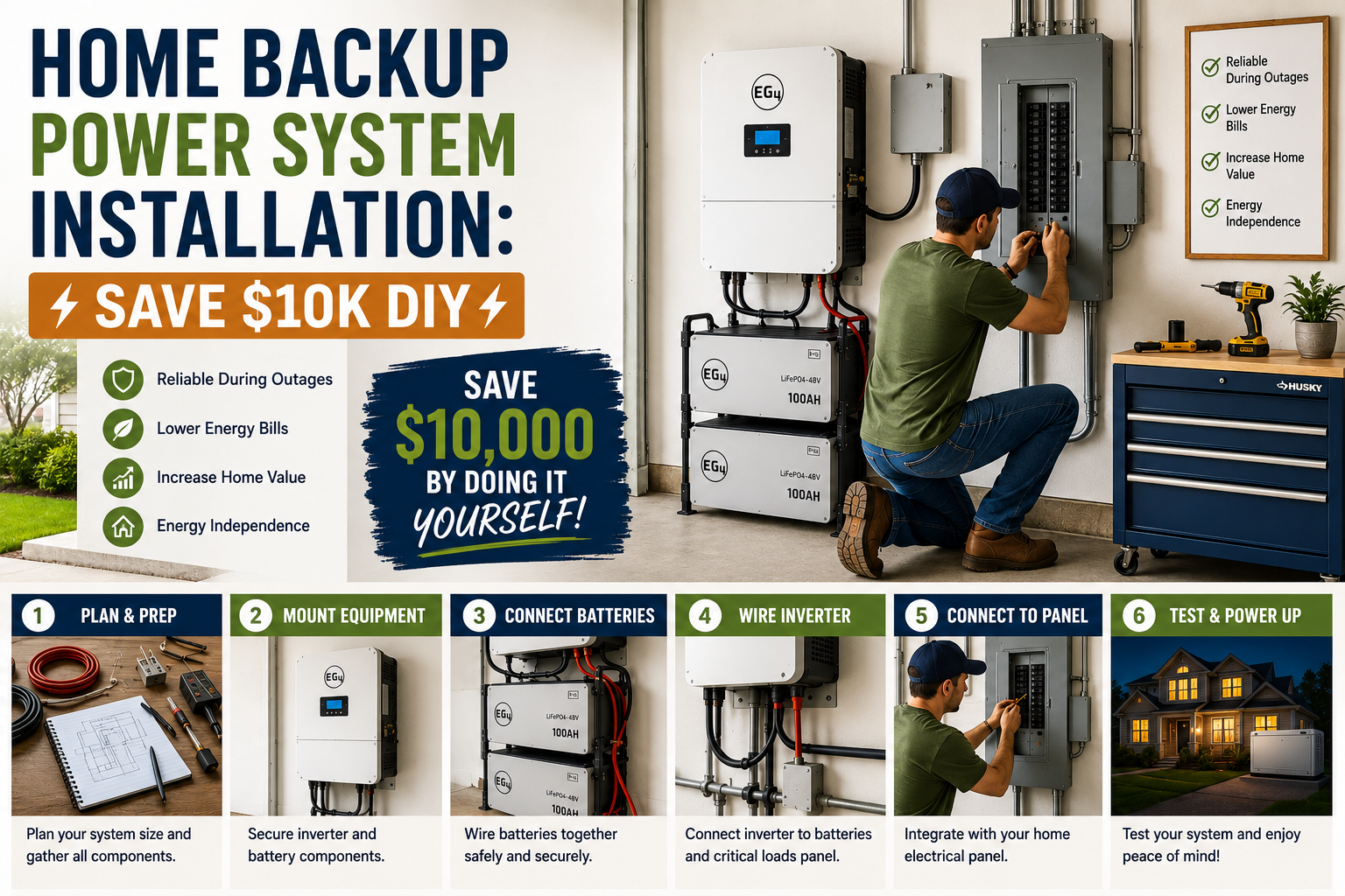 A homeowner completing a home backup power system installation with a whole-house generator connected to an electrical transfer switch in a residential garage.